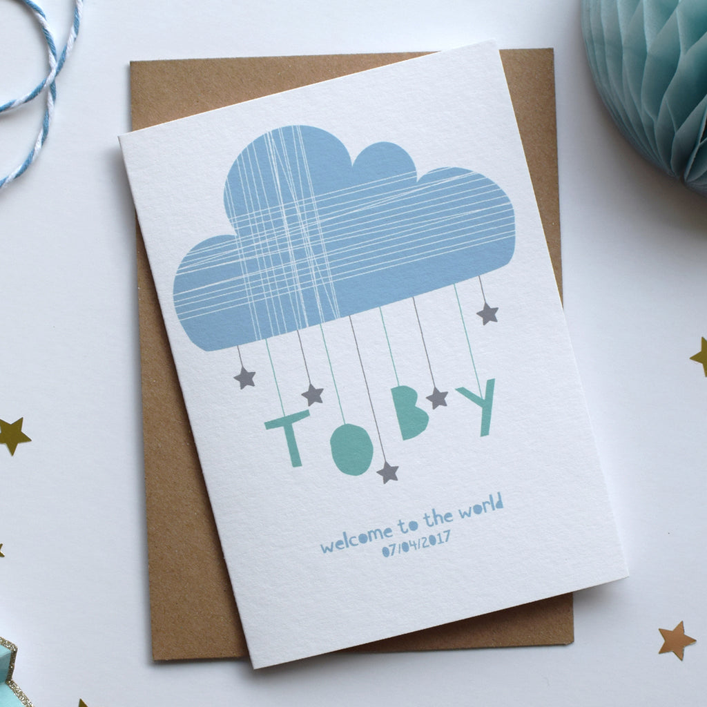 Personalised Cloud And Stars New Born Card Blue - Connie Clementine