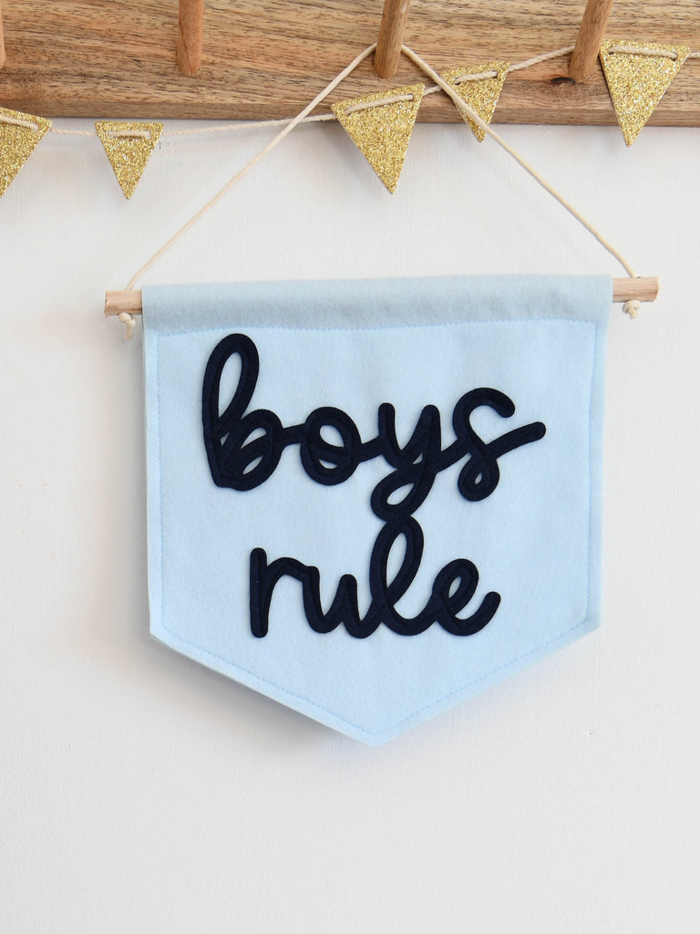 boys rule mini felt banner for hanging in a nursery or kids bedroom or play room.