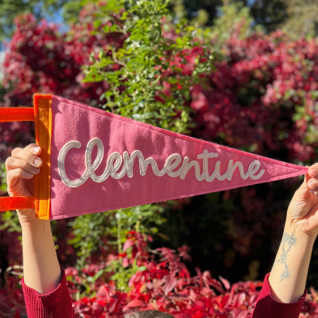 Person holding a pink pennant with 'Clementine' on it against a blurred natural background