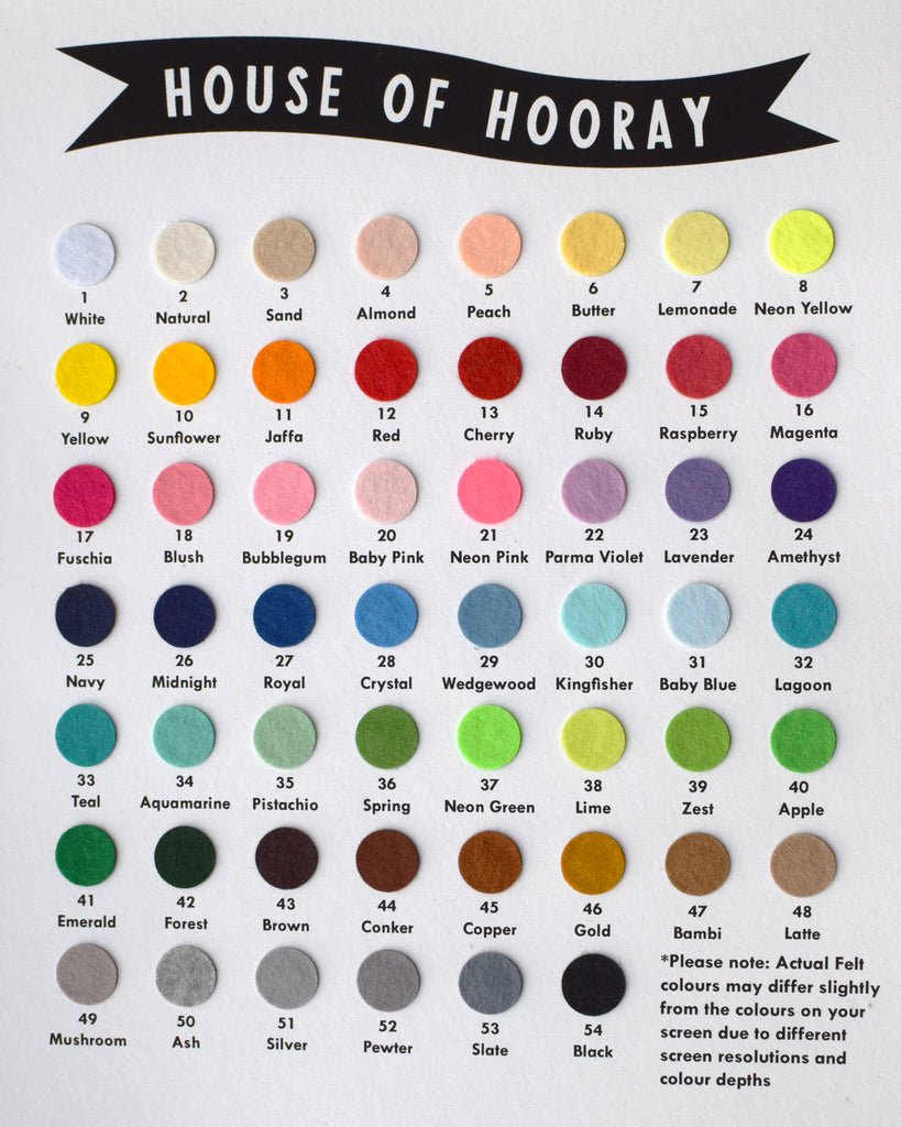 House of Hooray felt colour chart.