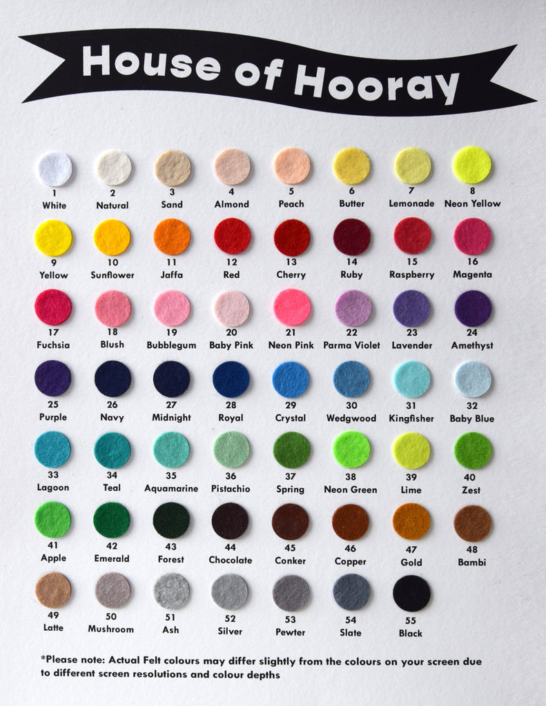 House of Hooray felt colour chart.
