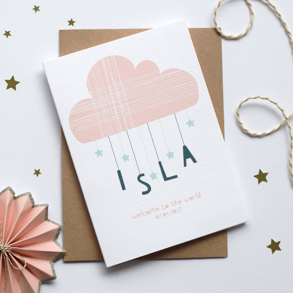 Personalised Cloud And Stars New Born Card Pink - Connie Clementine