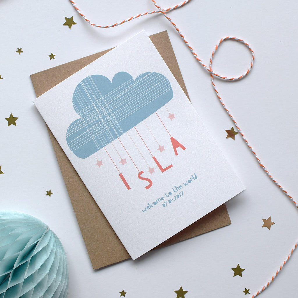 Personalised Cloud And Stars New Born Card Blue - Connie Clementine